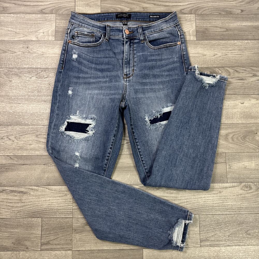 Judy Blue Relaxed Fit Denim Jeans Skinny Leg Distressed Medium Wash sz 9/29